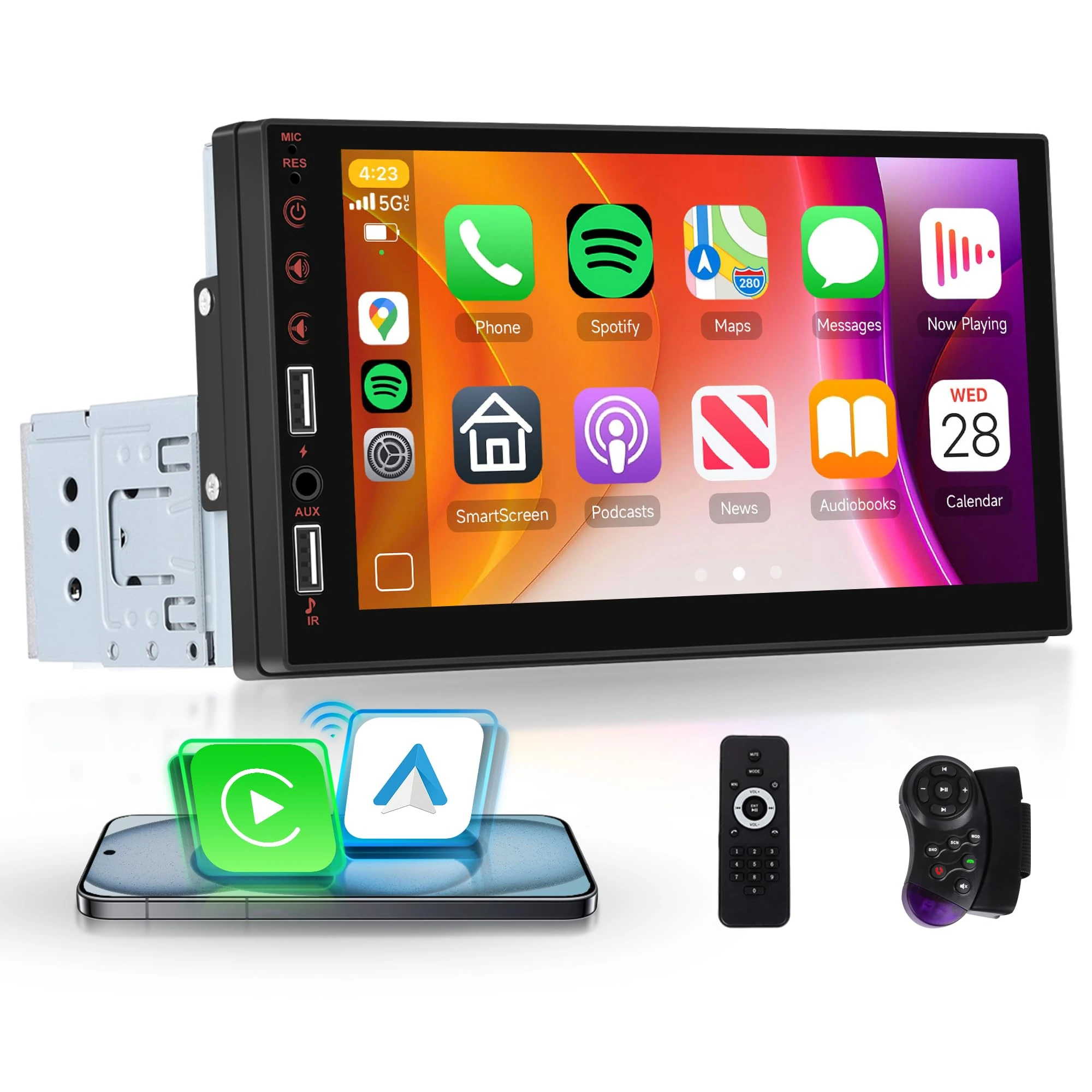 Single Din Car Stereo Wireless Carplay with Android Auto Rimoody 7 Inch Touch Screen 1 Din Car Radio Bluetooth Handsfree FM Radio Mirror Link USB Car Audio Receiver Backup Camera