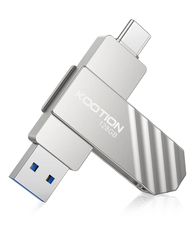 KOOTION USB-C Flash Drive 128GB Dual Swivel Type-C Waterproof Metal Pen Drive with Keyring Hole, Silver, Up to 450MB/s USB 3.2 Transfer Rate