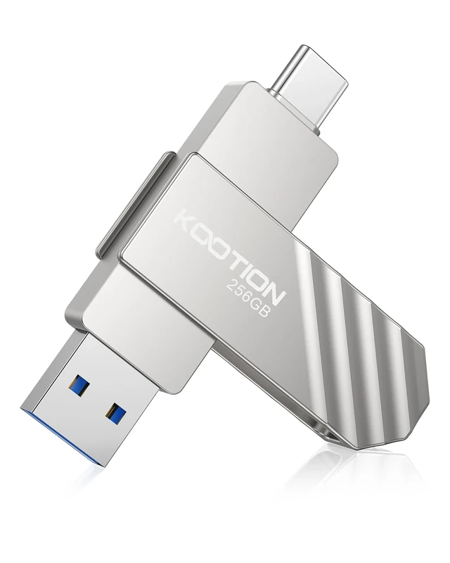 KOOTION 256 GB Dual USB C Flash Drive - Type C Memory Stick with Up to 450MB/s USB 3.2, Swivel Design, Keyring Hole, Waterproof Metal, Silver