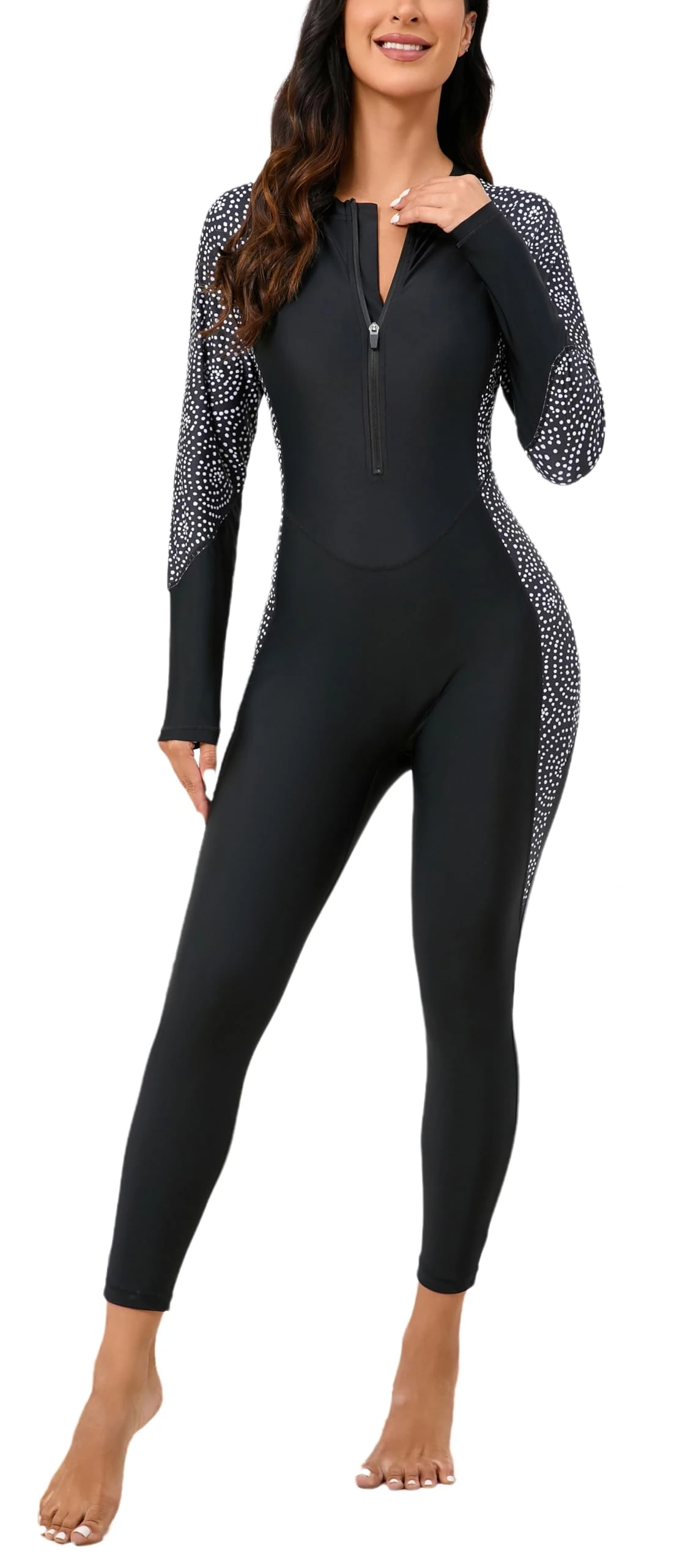 Halcurt Women's Full Body Rash Guard One Piece Front Zip Swimsuit Long Sleeve UPF 50 Bathing Suit, Black Circle Polka Dots, Large