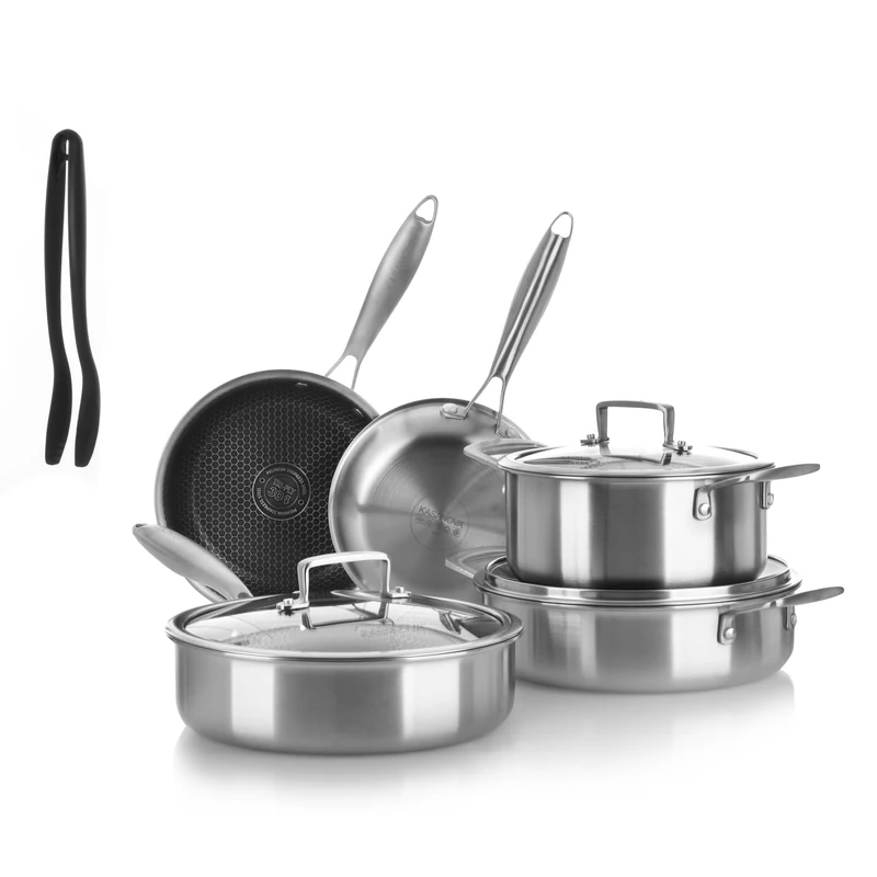 KASANOVA Tri-ply Cookware Set, Triple Layer Stainless Steel Pot and Pan Set, Non-Stick Induction Cookware and All Hobs, Oven up to 220°C (9 Pieces)