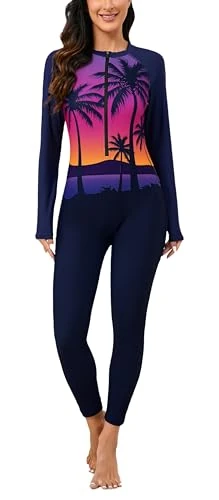 Halcurt Women's Full Body Rash Guard One Piece Front Zip Swimsuit Long Sleeve UPF 50 Bathing Suit, Navy Ombre Palm, Large