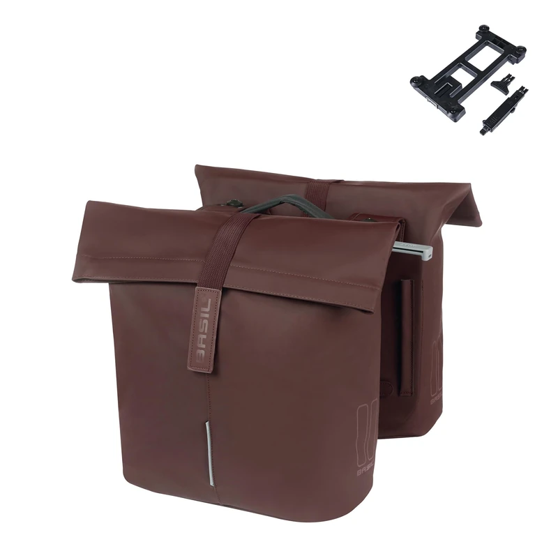 Basil City Double Bag MIK - 28-32L, Brown, Water-Repellent, Includes Lockable MIK Adapter Plate, Ideal for City and Commuting