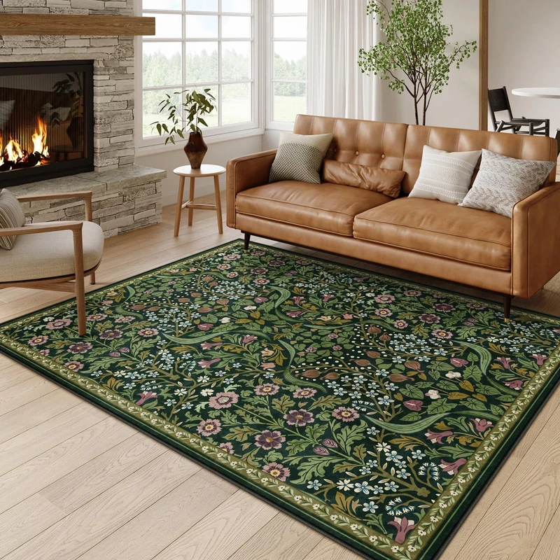 Moynesa Floral Washable 5x7 Rug, Green Area Rugs for Living Room, Non Slip Boho Dining Room Rug Under Table, Botanical Ultra Thin Floor Carpet for Bedroom Home Office, Green
