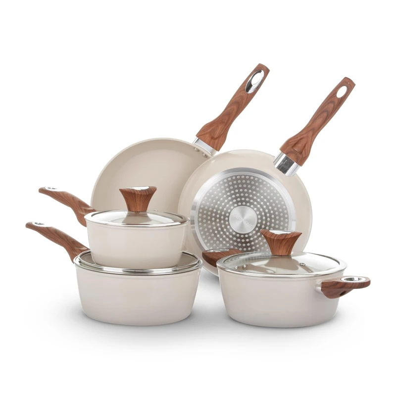 KASANOVA New Ceramic 8-Piece Cookware Set, Induction Cookware Set with Ceramic Coating, Non-Stick Pans and Saucepans Set with Glass Lid, Cream Drum