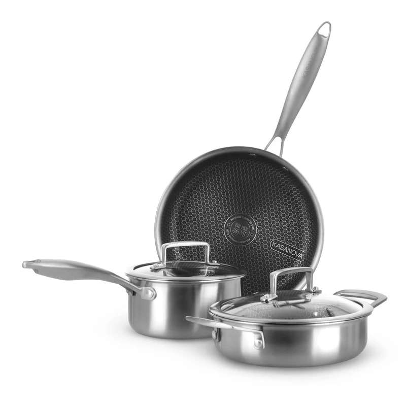 KASANOVA Tri-ply Cookware Set, Triple Layer Stainless Steel Pot and Pan Set, Non-Stick Induction Cookware and All Hobs, Oven up to 220°C (5 Pieces)