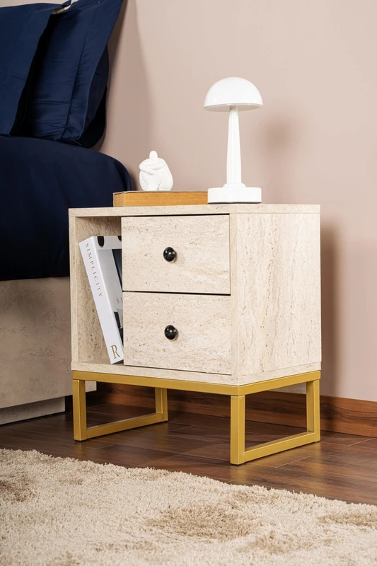 Nightstand, Travertine, Gold, 50 x 18 x 5 | Made from 100% Melamine Coated Particle Board, Thickness: 18 mm | Perfect for Modern Home Office & Study Spaces, Elegant and Functional Design - Image 1