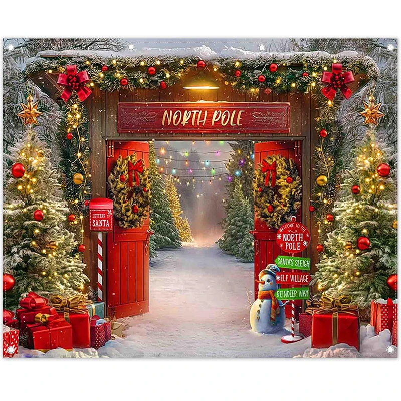 YCUCUEI 10x8ft Fabric Christmas Backdrop Winter Forest Wooden Barn Door North Pole Snowy Xmas Tree Photography Background Family Holiday Party Decor Photo Props