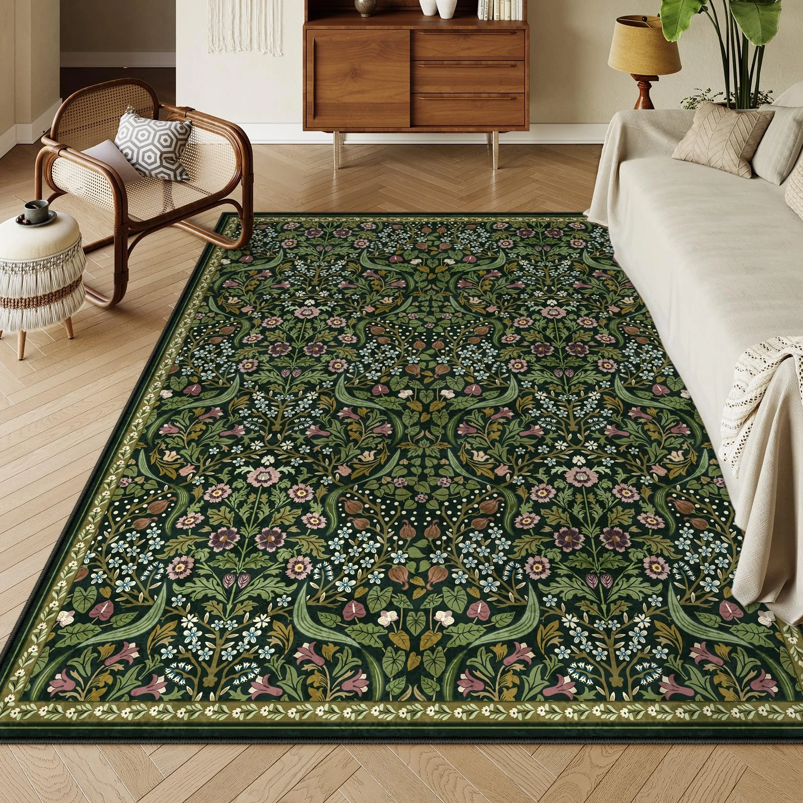 Moynesa Floral Washable 8x10 Rug, Large Rugs for Living Room, Green Soft 8 x 10 Boho Bedroom Rugs, Non Slip Botanical Ultra Thin Floor Carpet for Dining Room Nursery, Green