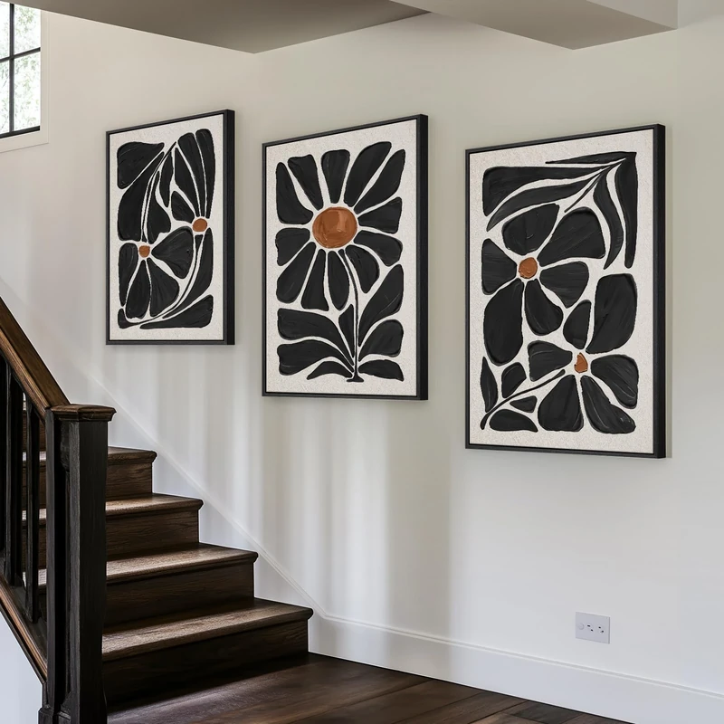 Large Framed Black and White Floral Wall Art for Living Room, 3 Piece Mid-Century Modern Boho Botanical Canvas Painting Prints Artwork for Walls, Abstract Flowers for Bedroom Hallway Office, 24x36 In