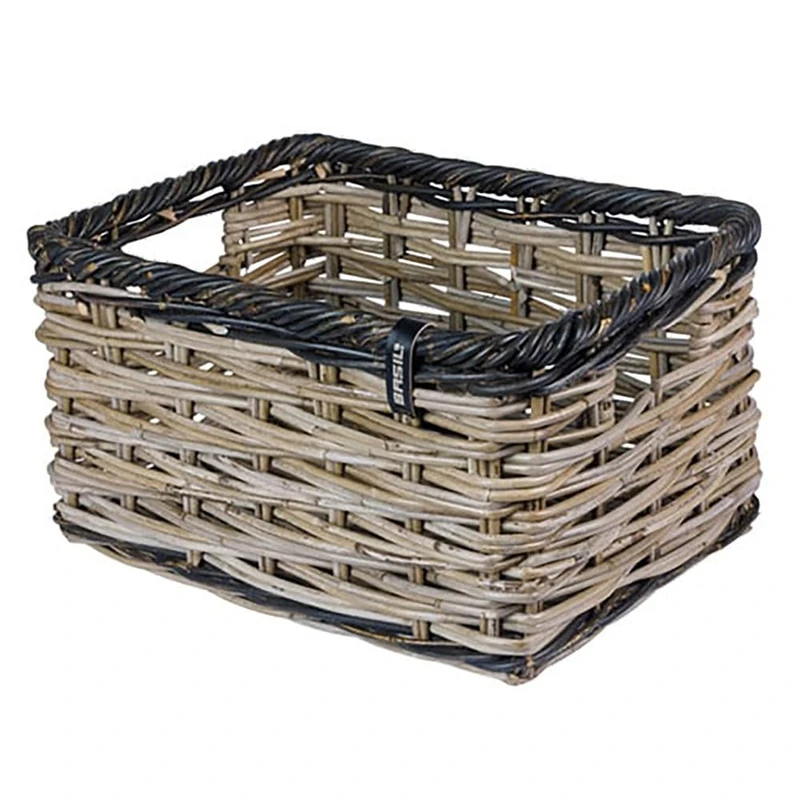 Basil Dijon L Rattan Bicycle Basket, Luxury Front Rack Storage Basket, Grey/Black, Hand Braided, 28L Volume, Ideal for Shopping and Picnics, Eco-Friendly and Stylish - Image 1