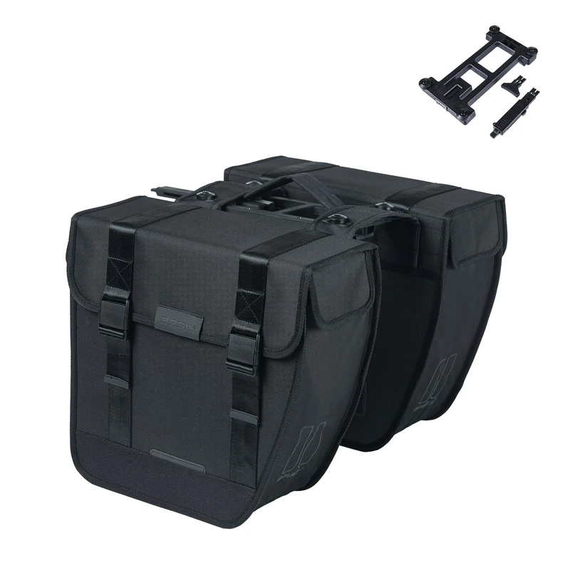 Basil Tour MIK Double Bag - 28L, Black, Robust and Weatherproof, Includes Lockable MIK System, Ideal for Shopping and Cycling