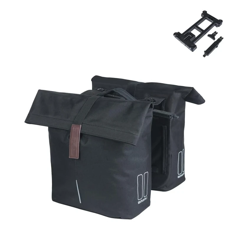 Basil City Double Bag MIK - 28-32L, Black, Water-Repellent, Includes Lockable MIK Adapter Plate, Perfect for Commuting and Leisure