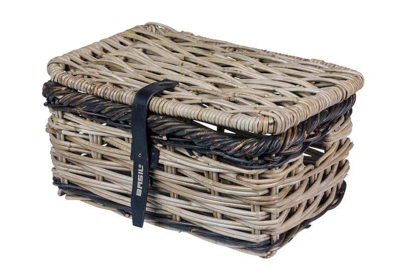 Basil Dijon S Rattan Bicycle Basket, Luxury Storage Basket with Lid for Front Rack, Grey/Black, Hand Braided, 14L Volume, Ideal for Small Items, Eco-Friendly