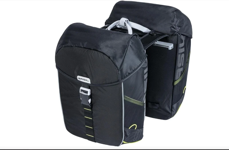 Basil Miles Double Bag MIK - 34L, Black/Lime, Waterproof, Includes Lockable MIK System, Perfect for Cycling and Commuting