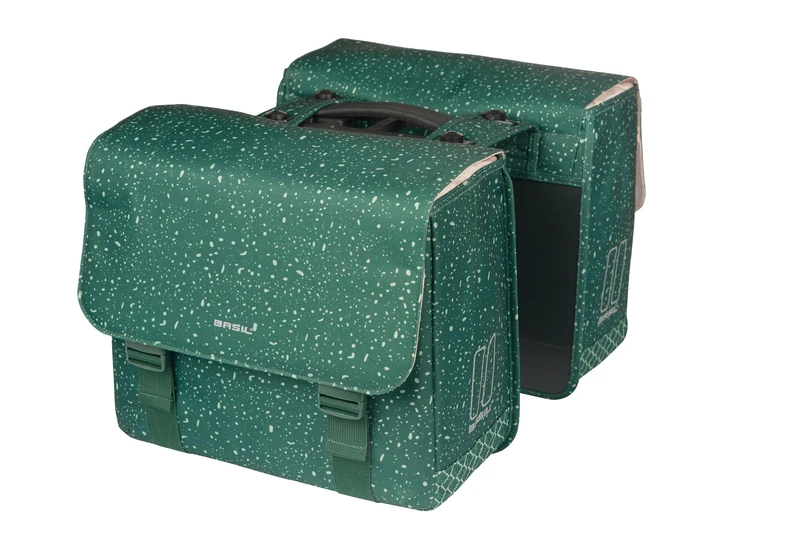 Basil Flair MIK Double Bicycle Bag, 35 L, Green, Water-Repellent, Made from Recycled Polyester, Includes Lockable MIK Adapter Plate, Perfect for City and Everyday Use