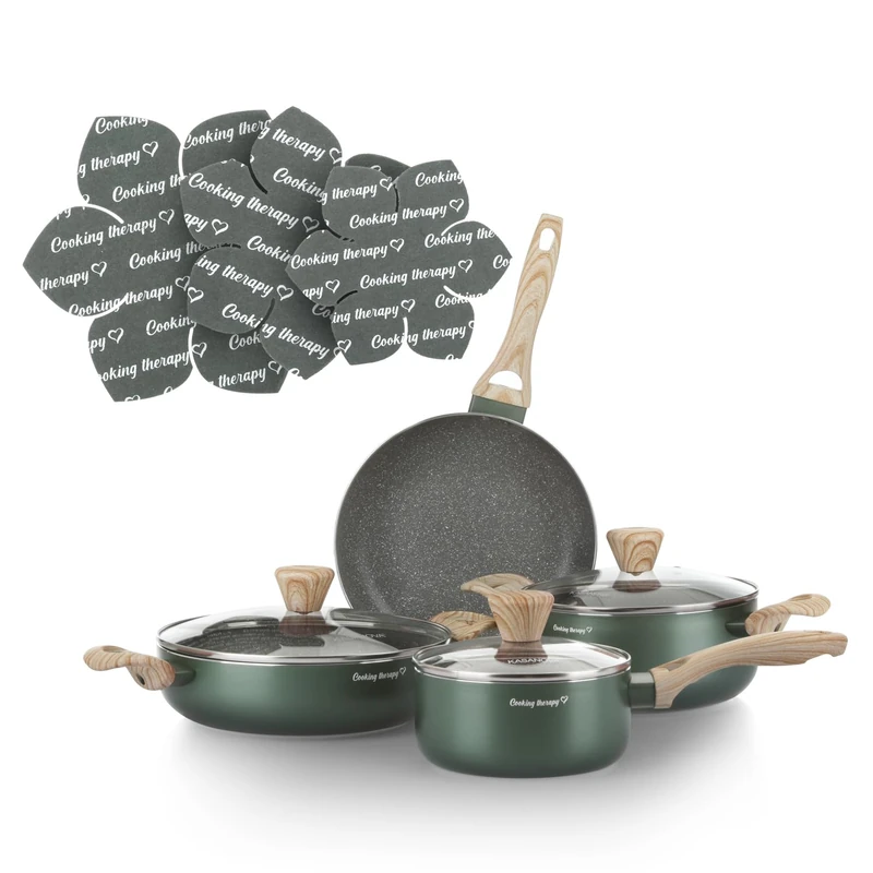 KASANOVA Cookware Battery Cooking Therapy, Induction Pans and Nonstick Cookware Set with Spatula, Complete Cooking Set with Laser Engraving and Wood Look Handles (10 Pieces)