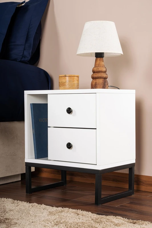 Nightstand, White, Black, 50 x 18 x 5 | Made from 100% Melamine Coated Particle Board, Thickness: 18 mm | Perfect for Modern Home Office & Study Spaces, Elegant and Functional Design