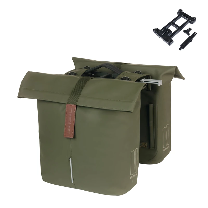 Basil City Double Bag MIK - 28-32L, Green, Water-Repellent, Includes Lockable MIK Adapter Plate, Ideal for City and Commuting