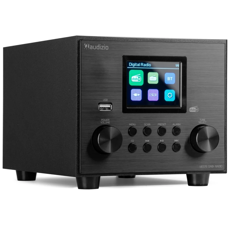 Audizio Vieste DAB Digital Radio with Bluetooth Speaker, DAB+, Built-In Subwoofer (60W), FM, USB MP3, Aux Input, Dual Alarm Clock Radio, Remote Control, Modern Compact Design - Black