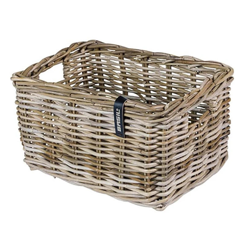 Basil DAX L Rattan Bicycle Basket, Stylish Rectangular Storage Basket for Front Pannier Rack, Grey, Handbraided, 30L Volume, Ideal for Men and Women Bikes