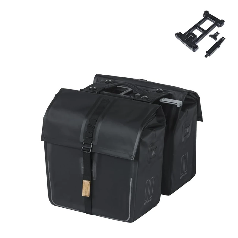 Basil Urban Dry Double Bag MIK - 50L, Matte Black, Waterproof Bicycle Bag with Lockable MIK Adapter Plate, Perfect for Commuting, Bulk Shopping and Everyday Rides