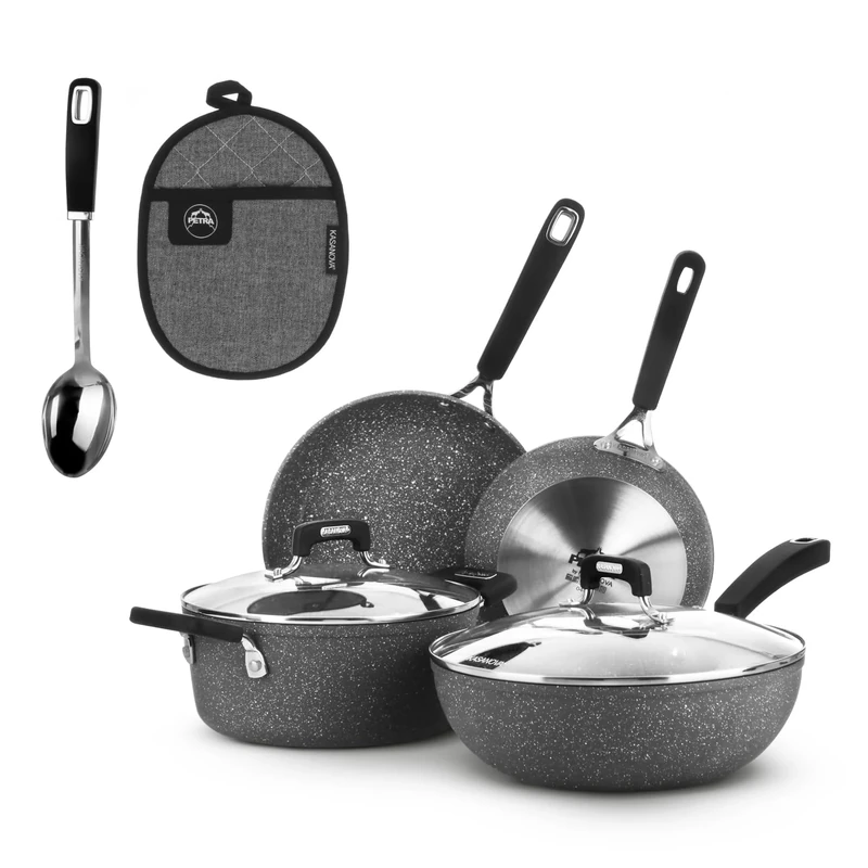 KASANOVA New Petra Dark Pot and Pan Set, Non-Stick, Induction and Oven up to 180°C, Pot Holder and Spoon (8, Pieces)