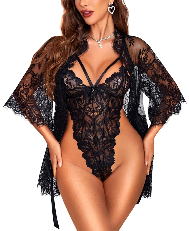 RSLOVE Sexy Lingerie for Women - Lace Bodysuit with Robe Nightwear Set Mesh Sleepwear Black M