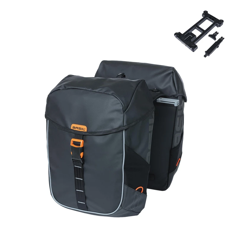 Basil Miles Tarpaulin Double Bag MIK - 34L, Black/Orange, Waterproof, Includes Lockable MIK System, Perfect for Cycling