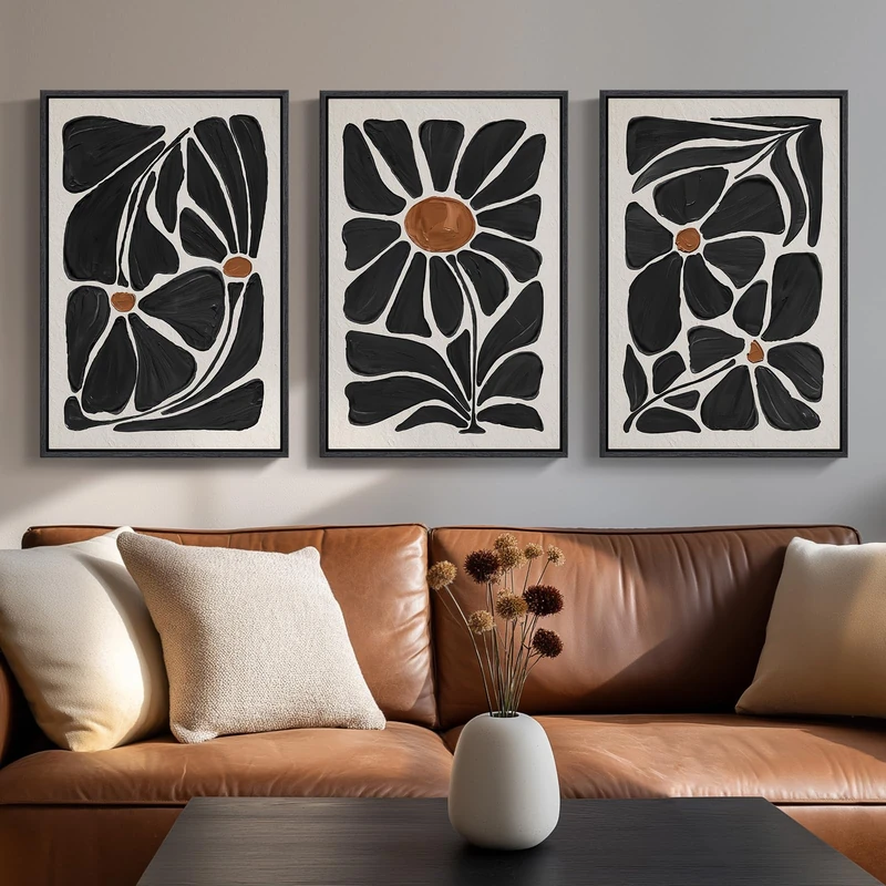 Framed Abstract Boho Black Flower Wall Art, 3 Pcs Vintage Botanical Canvas Prints, Neutral Black and White Mid Century Wall Decor for Living Room, Bedroom, Office 16x24 Inch