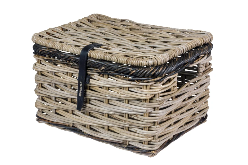 Basil Dijon L Rattan Bicycle Basket, Luxury Storage Basket with Lid for Front Wheel Carrier, Grey/Black, Handbraided, 28L Volume, Ideal for Shopping, Picnics, Eco-Friendly and Stylish