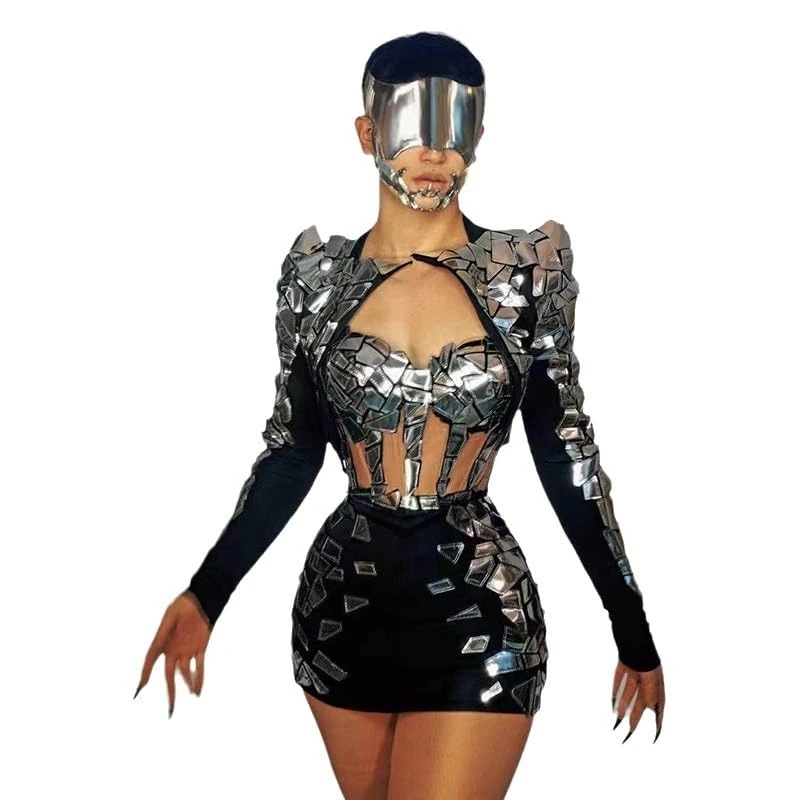 SXHEYUY Women Drag Costume Sequin Diamonds Bodysuit Stage Party Clubwear Rhinestone Leotard Dress,Black,XL