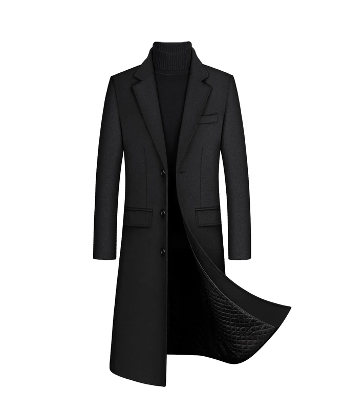 xxxiticat Men's Winter Trench Coat Long Sleeve Notch Lapel Single Breasted Quilted Cotton Long Overcoat Jacket Wool Pea Coat, Black, Medium