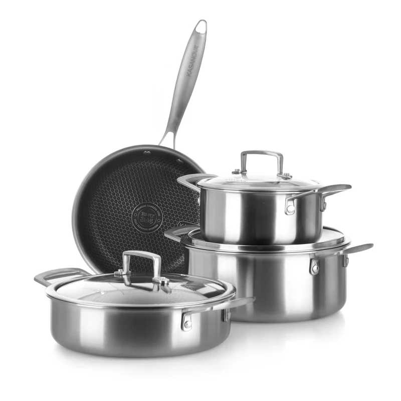 KASANOVA Tri-ply Cookware Set, Triple Layer Stainless Steel Pot and Pan Set, Non-Stick Induction Cookware and All Hobs, Oven up to 220°C (7 Pieces)