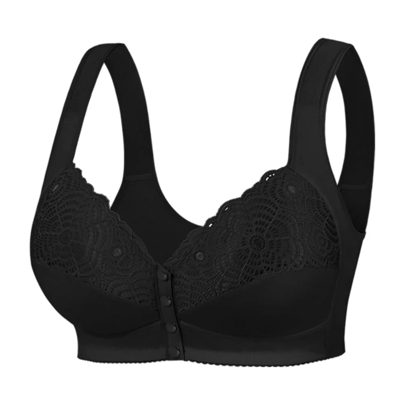 Front Fastening Bras for The Elderly Women UK Plus Size, Ladies Bras Non Wired Comfortable Push Up Everyday Sports Bras Floral Wireless Full Cup Bralettes Yoga Running Lace Bras Black