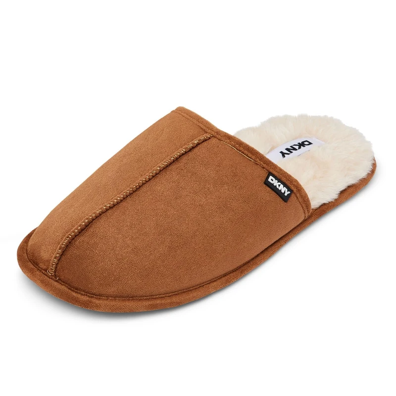 DKNY Men's Slippers | Comfy, Suede Slippers for Men with Warm Faux Fur Lining | Mule Slippers | Soft and Breathable | Available in Black, Grey, Tan & Navy, Tan/Black Sole, Size 9/10