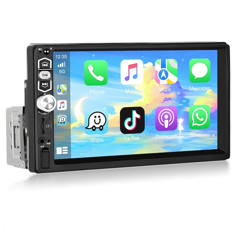 Podofo Apple CarPlay Single Din Car Stereo, 7" HD Touch Screen Car Audio Receivers with Android Auto Bluetooth 5.1 Mirror Link FM Radio/MP3/MP4/USB/Subwoofer,Aux Input +HD Backup Camera+MIC