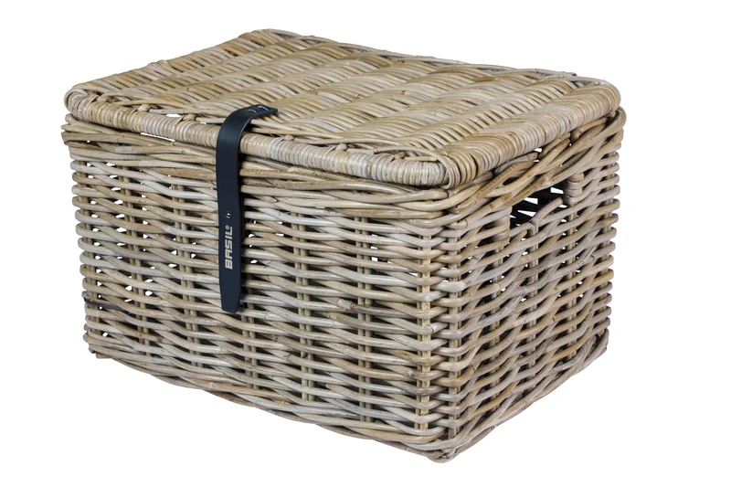 Basil DAX L Rattan Bicycle Basket, Stylish Rectangular Storage Basket with Lid and Faux Leather Handles, Grey, Handbraided, 30L Volume, Ideal for Men and Women Bikes, Environmentally Friendly