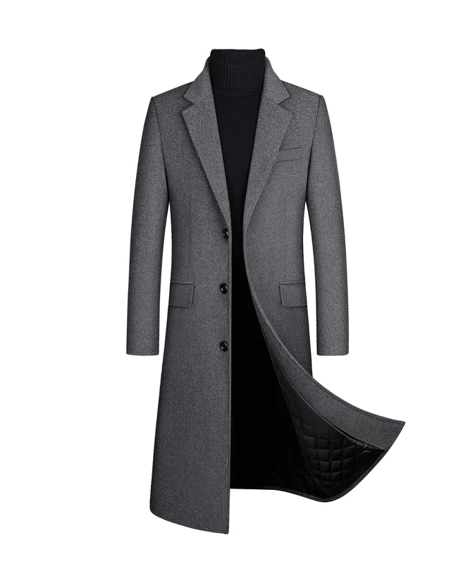 xxxiticat Men's Winter Trench Coat Long Sleeve Notch Lapel Single Breasted Quilted Cotton Long Overcoat Jacket Wool Pea Coat, Gray, XL - Image 1