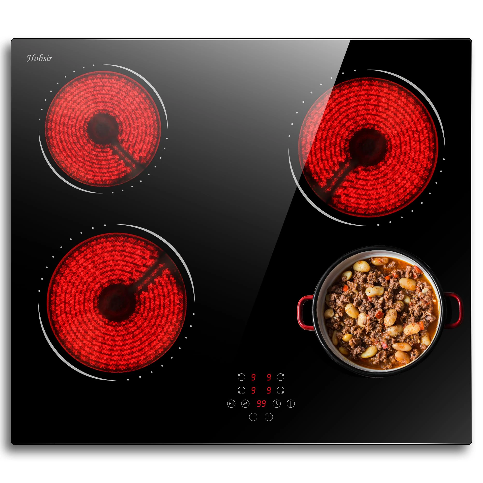 Hobsir hob Ceramic Hob 60 cm Electric Hob 4 Zone with Touch Control 6000W 9 Power Levels Hard Wire, No Plug Included