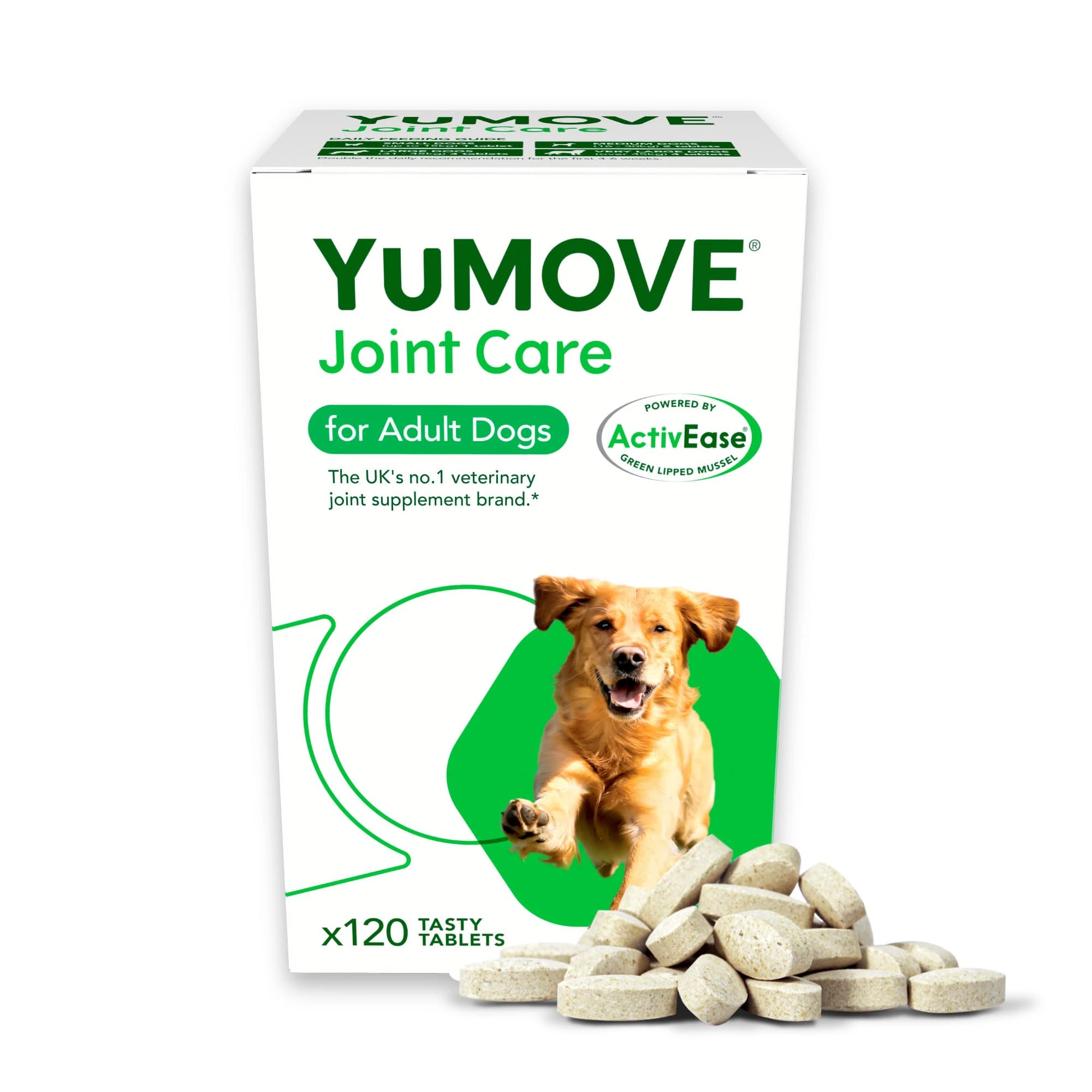 YuMOVE Joint Supplement for Dogs, Higher Strength for Joint Care, Essential Dog Hip and Joint Support for Adult Dogs Aged 6 to 8, 120 Tablets - Eco Friendly and Letter Box Ready Packaging