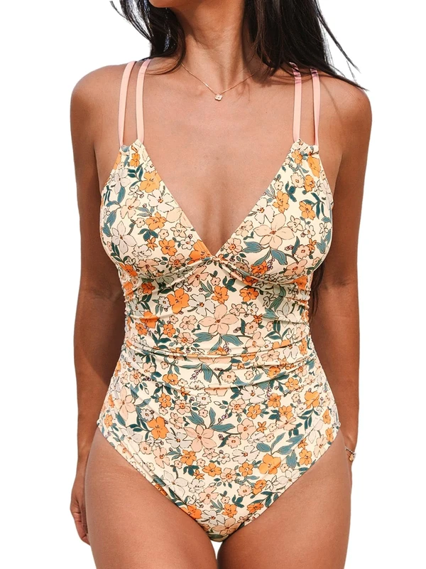 CUPSHE Women's One Piece Swimsuit V Neck Tummy Control Swimming Costume Double Adjustable Straps Back Cutout O-Ring Orange/Yellow Floral XS