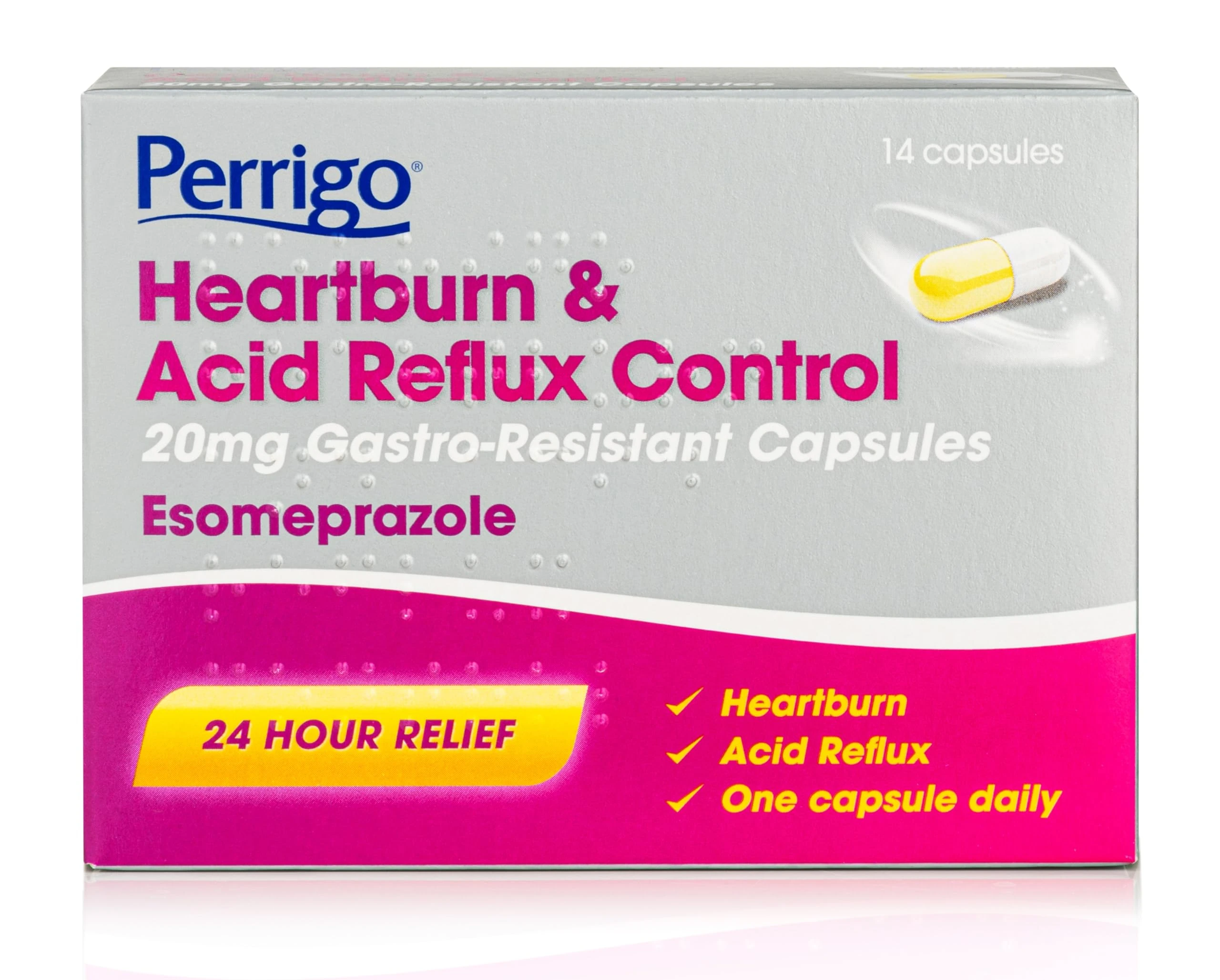 Esomeprazole 20mg Heartburn & Acid Reflux Control 14 Capsules - 24 Hour Relief with Pill Box