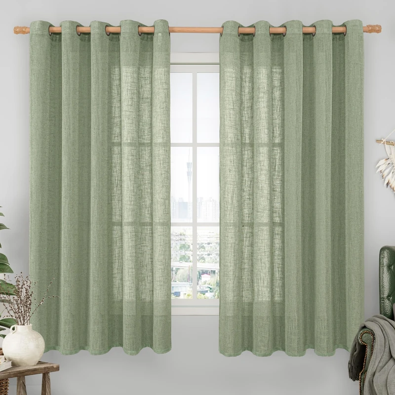 LAMIT Sheer Linen Curtains 63 inches Long for Bedroom, Bronze Grommet Linen Drapes Light Filtering Semi Sheer Curtains for Small Window/Farmhouse, 2 Panels (60 x 63 Inch, Sage Green)