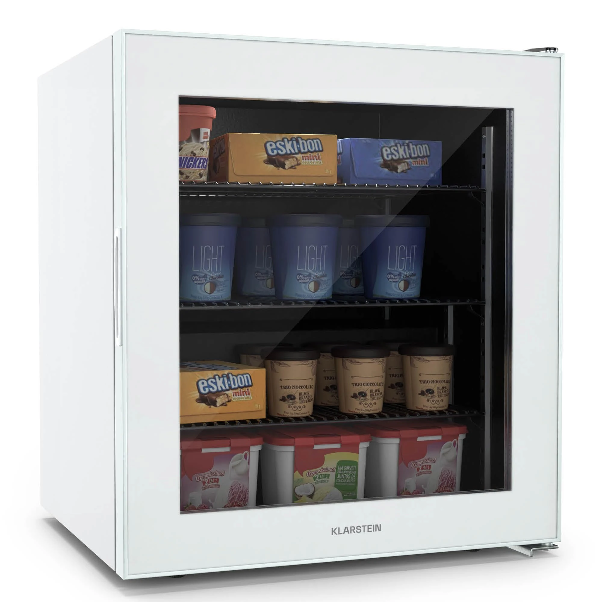 KLARSTEIN IceAge 88 Mini Freezer, 88L Capacity, Adjustable Temp 0 to -18°C, LED Lighting, 3 Shelves, Glass Door, Energy Class E, Compact Tabletop Design, Ideal for Small Spaces, White
