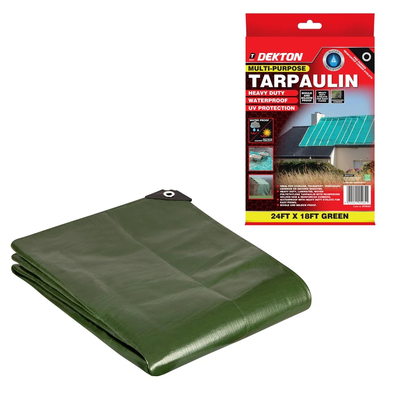 Dekton Tarpaulin 24ft x 18ft | 200 GSM Pro Rubber Reinforced with Corner Eyelets | Heavy-Duty Green Cover for Ultimate Protection | Ideal for Construction, Camping and Outdoor Activities