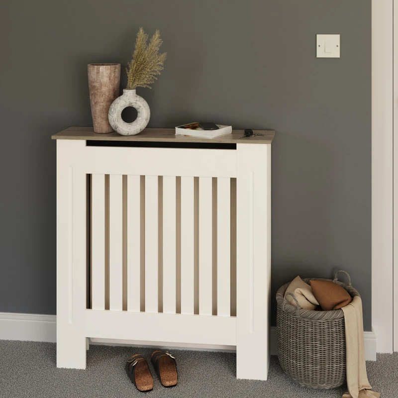 GFW Longslow Small Radiator Cover with Vertical Slatted Design, Top Display Shelf, Durable Finish and Modern Radiator Cabinet, White