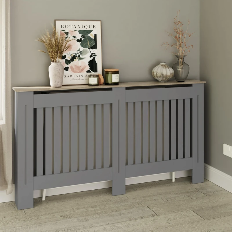 GFW Longslow Large Grey Radiator Cover Slatted Wood Design Top Shelf Display Living