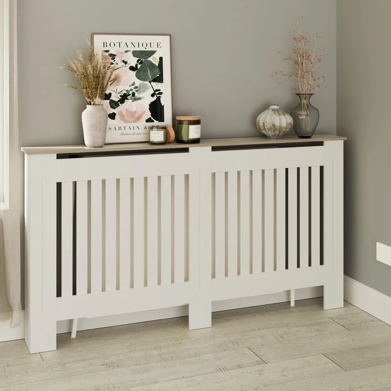 GFW Longslow Large White Radiator Cover Slatted Wood Design Top Shelf Display Living