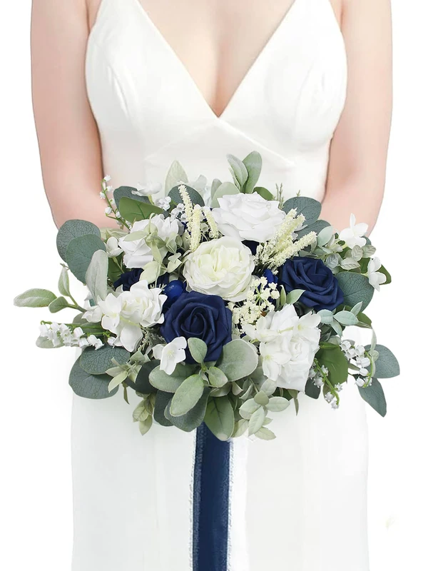 Rinlong 11.8" Navy Blue Bridal Bouquet, Silk Wedding Bouquet for Bride